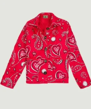 Red paisley shirt worn by Lily Collins in Emily In Paris Season 5 with elegant fit and modern casual style
