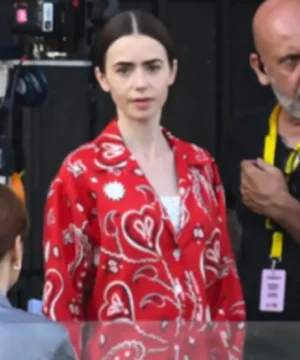 Emily In Paris S05 Lily Collins red paisley shirt featuring premium fabric, stylish design, and official TV show-inspired fashion