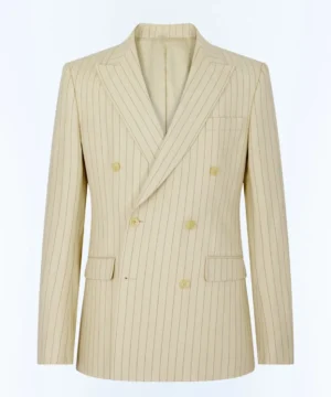 Neutral linen pinstripe blazer from Emily In Paris Season 5 featuring Lucien Laviscount, premium fabric and sophisticated Parisian fashion appeal