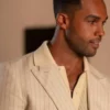 Emily In Paris S05 Lucien Laviscount neutral linen pinstripe blazer with modern tailored fit and elegant celebrity-inspired styling