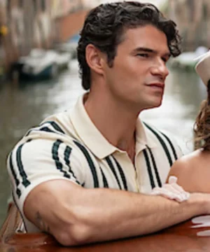 Emily In Paris S05 Nicolas de Léon linen striped shirt featuring lightweight fabric, tailored fit and modern Parisian street style appeal