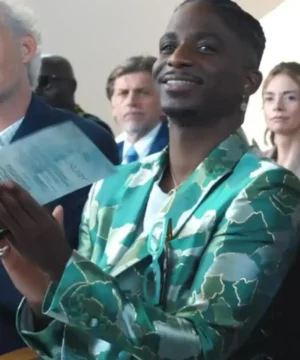 Emily In Paris season 05 Samuel Arnold green Afrocamo jacket inspired by contemporary streetwear with bold urban camo design