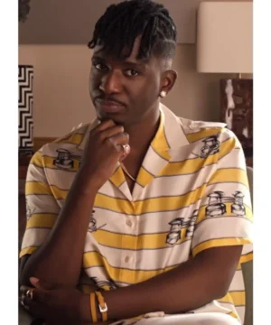 Emily In Paris S05 Samuel Arnold yellow striped shirt with contemporary fit, bold pattern and modern celebrity street style appeal