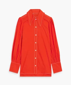 Ruffle trimmed cotton poplin shirt from Emily In Paris Season 5 featuring Emily Cooper, elegant design, and modern celebrity-inspired fashion