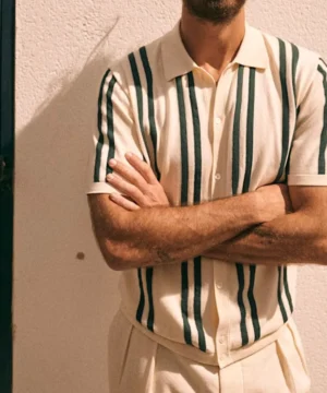 Nicolas de Léon linen striped shirt from Emily In Paris Season 5 with subtle stripes, breathable material and celebrity-inspired fashion