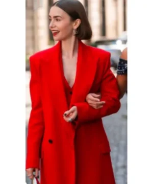 Emily in Paris Season 5 Lily Collins red coat inspired by chic Parisian street style with elegant tailored design and premium outerwear finish