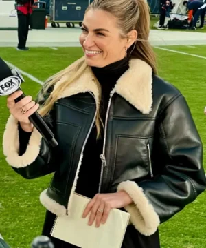 Erin Andrews black leather shearling jacket stylish celebrity outerwear