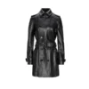Full-grain black leather trench coat featuring premium leather, longline design, and sophisticated outerwear style
