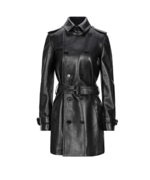 Full-grain black leather trench coat featuring premium leather, longline design, and sophisticated outerwear style