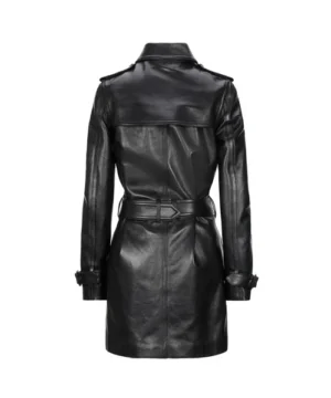 Premium black leather trench coat in full-grain finish combining modern design with classic trench aesthetics
