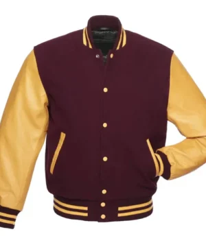 Gilded maroon varsity jacket with gold accents and premium letterman design