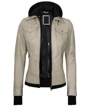 Glimmer beige hooded bomber jacket with rib-knit cuffs, durable stitching, and casual urban appeal