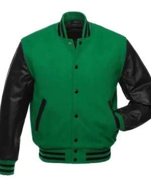 Green and black varsity jacket with Dynamo design and premium durable fabric
