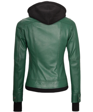 Green hooded leather jacket for women combining classic leather craftsmanship with contemporary hooded design
