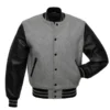 Grey and black varsity jacket with Legend detailing and premium quality fabric"