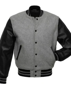 Grey and black varsity jacket with Legend detailing and premium quality fabric"