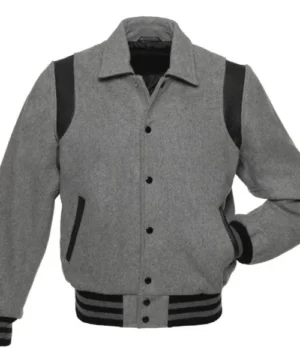 High-quality grey and black varsity jacket perfect for casual and sporty outfits