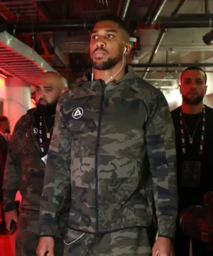Anthony Joshua signature camo jacket showcasing high-quality material, bold pattern, and stylish athletic fashion aesthetics