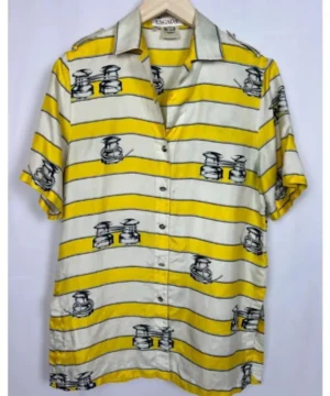 Samuel Arnold yellow striped shirt from Emily In Paris Season 5 featuring premium fabric, tailored design and stylish Parisian aesthetic