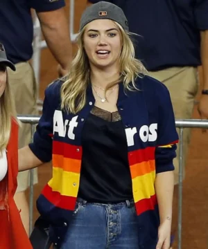 Kate Upton Houston Astros blue jacket featuring classic MLB team styling, premium fabric, and celebrity-inspired sports outerwear
