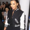 Kim Kardashian varsity jacket featuring classic letterman design, premium fabric, and celebrity-inspired streetwear style