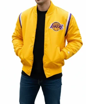 LA lakers yellow satin jacket model front