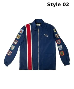 Blue racing jacket inspired by Lana Del Rey with modern silhouette, bold color accents, and contemporary urban fashion style