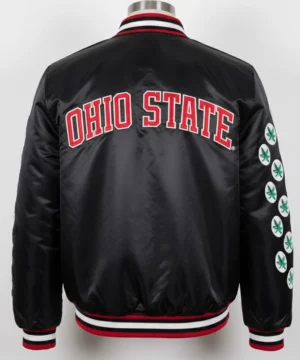 LeBron James inspired Buckeyes satin jacket showcasing smooth satin fabric, quality craftsmanship, and iconic college sportswear style