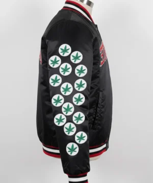 Ohio State Buckeyes satin jacket inspired by LeBron James with timeless varsity silhouette, bold team colors, and retro athletic charm