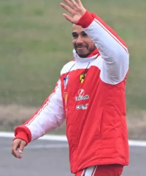 Scuderia Ferrari-26 jacket worn by Lewis Hamilton with bold detailing, structured fit, and Formula 1 fashion appeal