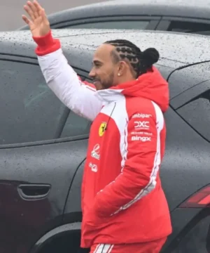 Premium Scuderia Ferrari-26 jacket inspired by Lewis Hamilton showcasing iconic racing branding and modern streetwear style