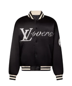 Louis Vuitton black satin bomber jacket featuring smooth satin finish, luxury craftsmanship, and modern designer outerwear appeal
