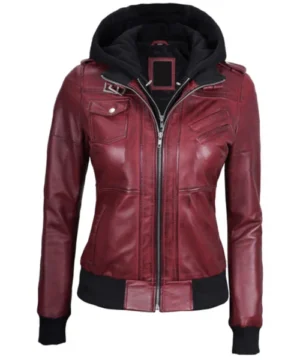 Maroon Solace biker hooded jacket featuring a sleek moto design, premium fabric, and modern streetwear appeal