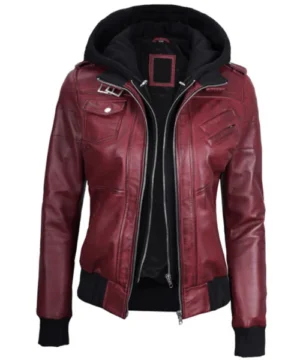 Solace biker hooded jacket in maroon combining classic biker aesthetics with contemporary hooded outerwear