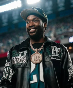 Meek Mill Philadelphia Eagles Pelle Pelle jacket featuring bold team colors, premium design, and iconic streetwear style
