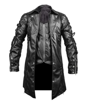 Men’s black gothic leather trench coat featuring premium leather, longline design, and dark edgy fashion style