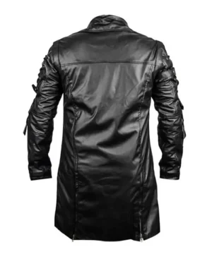 Black men’s gothic leather trench coat with tailored fit, classic lapels, and modern cyberpunk-inspired aesthetics