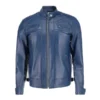 Men’s blue biker leather jacket made from premium leather with a sleek motorcycle-inspired design and durable stitched detailing.