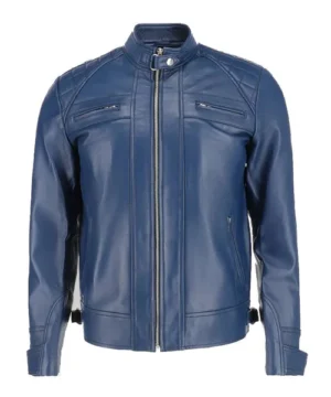 Home 20 Men’s blue biker leather jacket made from premium leather with a sleek motorcycle-inspired design and durable stitched detailing.