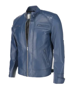 Blue men’s biker leather jacket featuring a modern riding silhouette, smooth leather texture, and a bold yet refined finish.