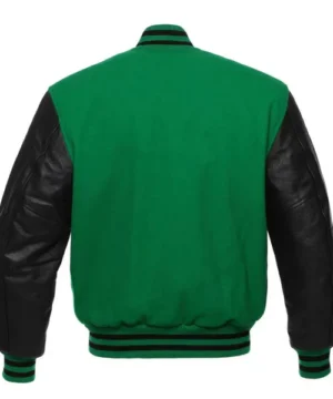 Stylish Dynamo green-black letterman jacket featuring modern stitching and versatile wear