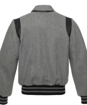 Grey and black varsity jacket with premium fabric and classic ribbed cuffs for men and women