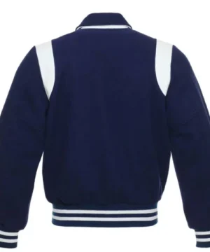 High-quality navy and white varsity jacket ideal for casual and sporty outfits