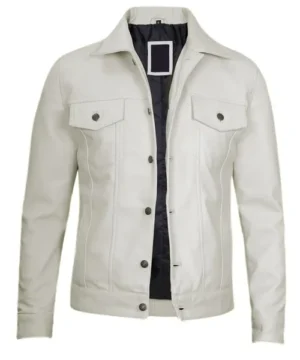 White leather trucker biker jacket designed for contemporary street and riding style, offering comfort, strength, and timeless fashion.