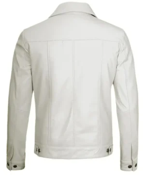 Premium white leather trucker biker jacket featuring durable stitching, smooth texture, and a classic motorcycle-inspired silhouette.