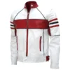 Men's white and red biker leather jacket crafted from premium leather with bold racing-inspired color contrast and durable protective design.