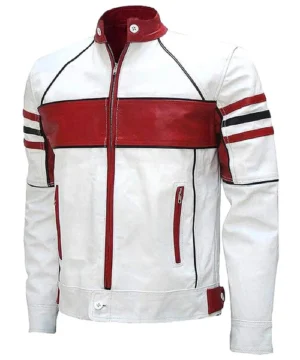 Home 26 Men's white and red biker leather jacket crafted from premium leather with bold racing-inspired color contrast and durable protective design.