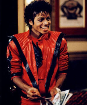 Michael Jackson Thriller leather jacket featuring iconic red and black design, premium leather, and legendary pop culture style