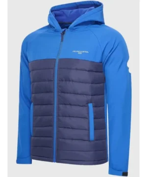 Milano Cortina 2026 Olympics blue hooded jacket featuring premium fabric, insulated design, and official Olympic outerwear style