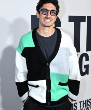 Nadiv Molcho color-block cardigan worn at the Is This Thing On? LA premiere event